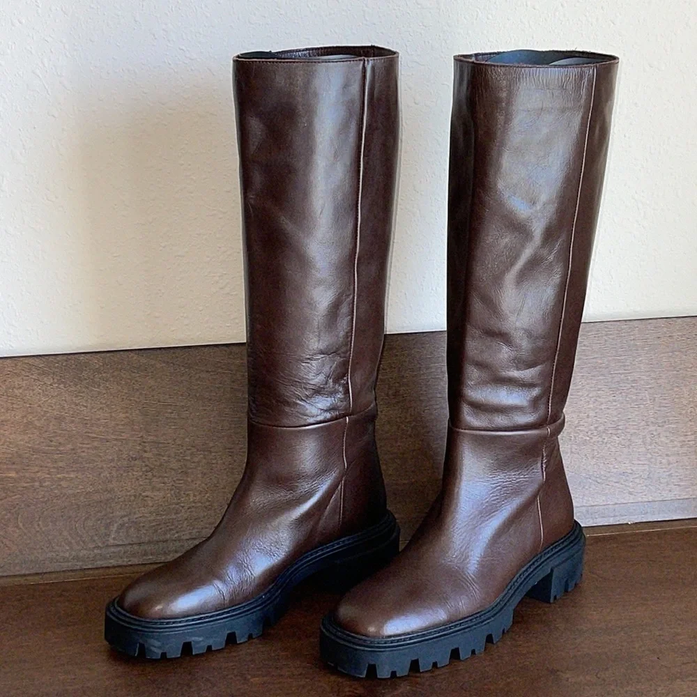 Zara Iconic Lug Heel Knee High Leather Boots Sz. 8